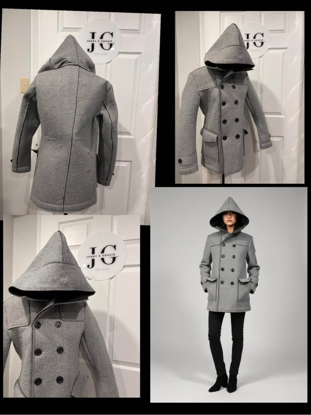 Women's Gray Double-Breasted Hooded Wool Coat